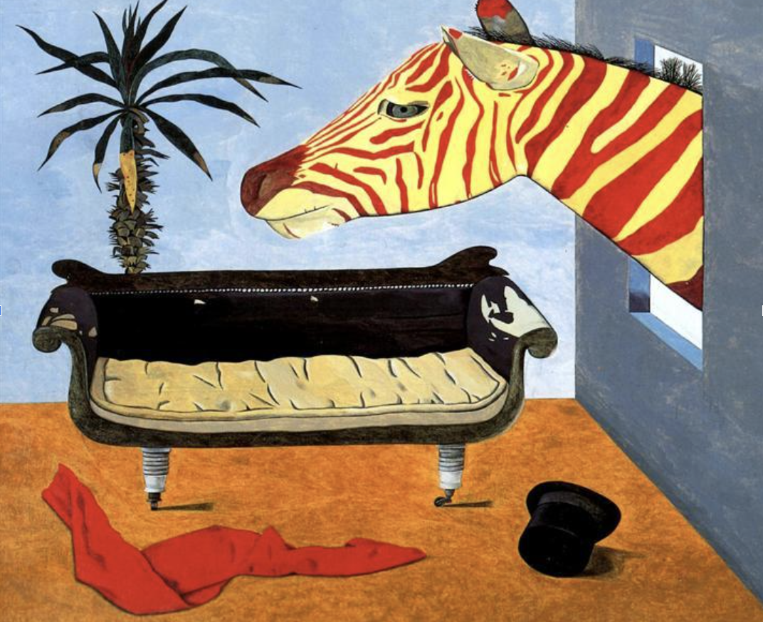 Surreal illustration with a zebra peering through a window beside a sofa
